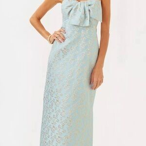 Lilly Pulitzer Strapless Dress in Blue and Gold Carlynn Dress brocade